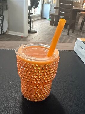 Embellished Orange Rhinestone Tumbler with Lid & Straw